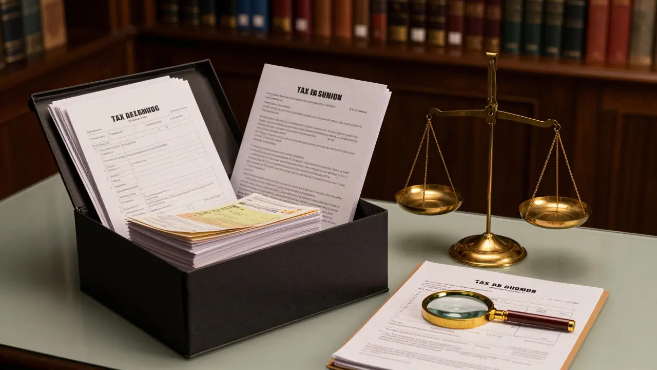 Archivbox mit Dokumenten und Waage für Steuerbeweis