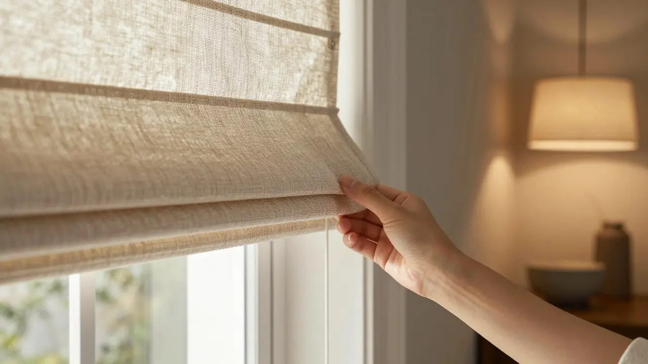 Detail von römischen Rollos zur Lichtsteuerung am Fenster