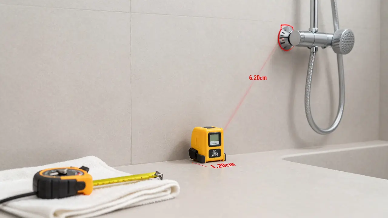 Elektriker misst Abstände für sichere Installation im Bad