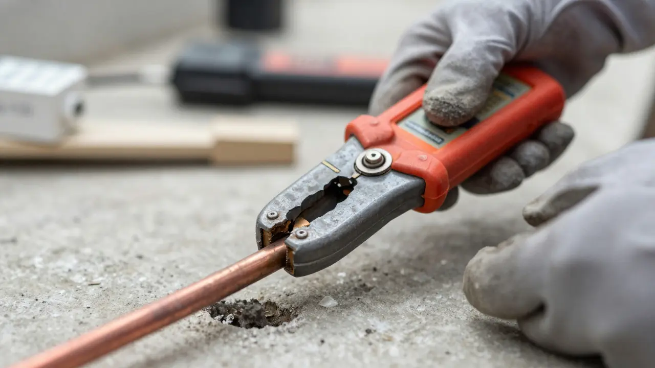 Elektriker misst Widerstand einer Erdungsleitung mit Prüfergerät
