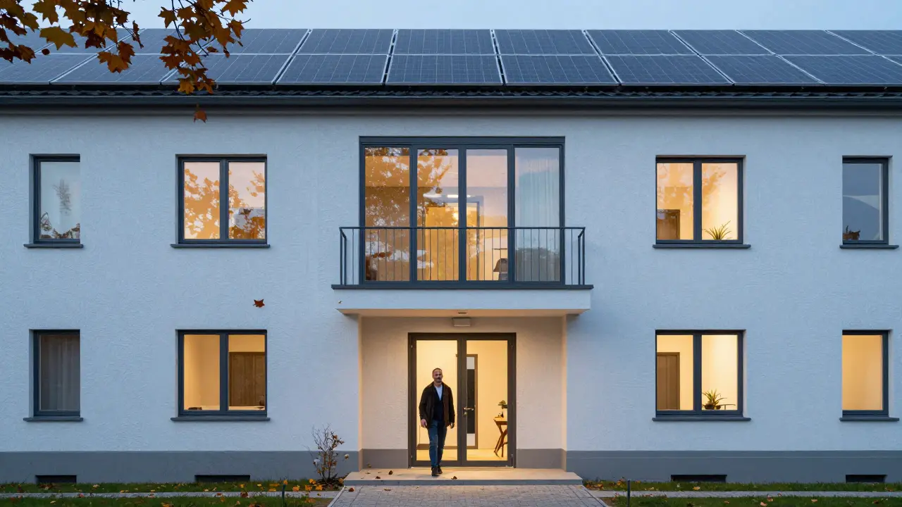 Energieeffizientes Mehrfamilienhaus mit Solaranlagen im Herbst