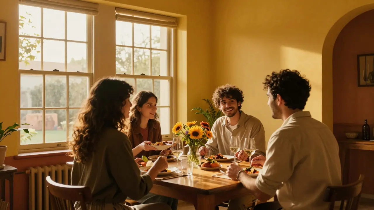 Esszimmer mit gelben Wänden bei Sonnenlicht für soziale Interaktion und Appetit