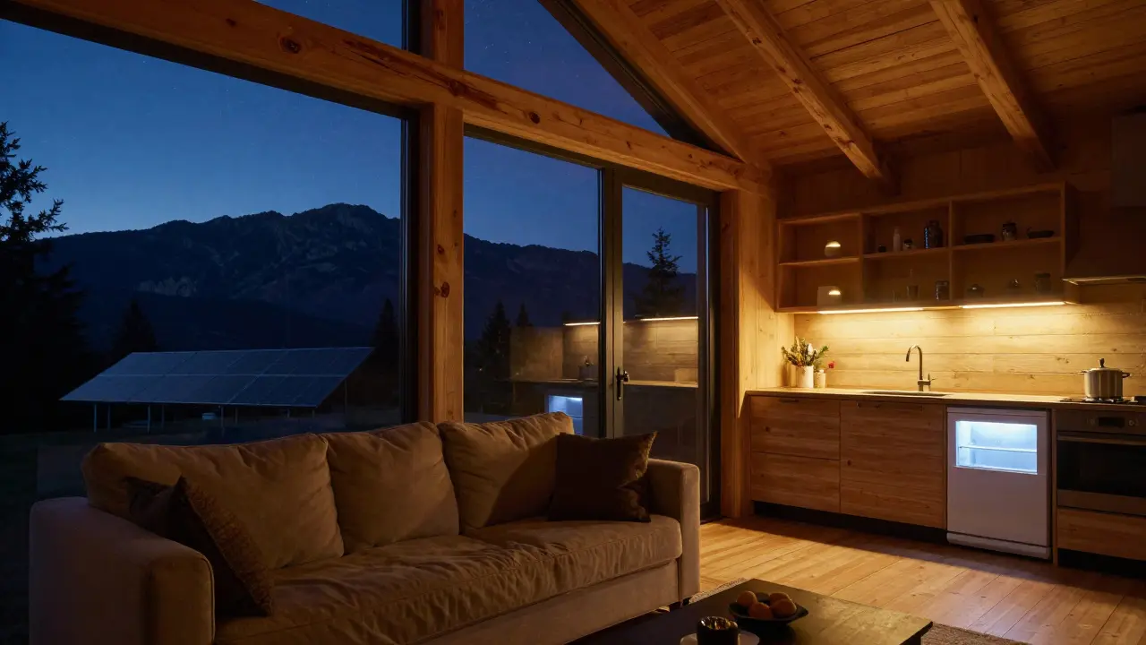 Gemütliches Ferienhaus-Innenleben bei Nacht, beleuchtet durch gespeicherte Solarenergie