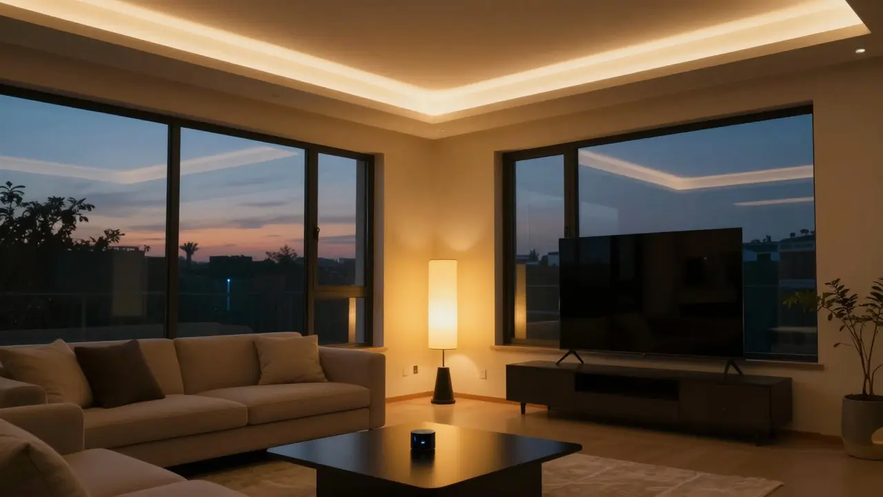 Gemütliches Wohnzimmerabendlicht mit warmer LED-Beleuchtung
