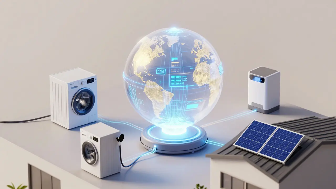 Holografische Darstellung von HEM-System: Solarstrom fließt zu Waschmaschine und E-Auto.