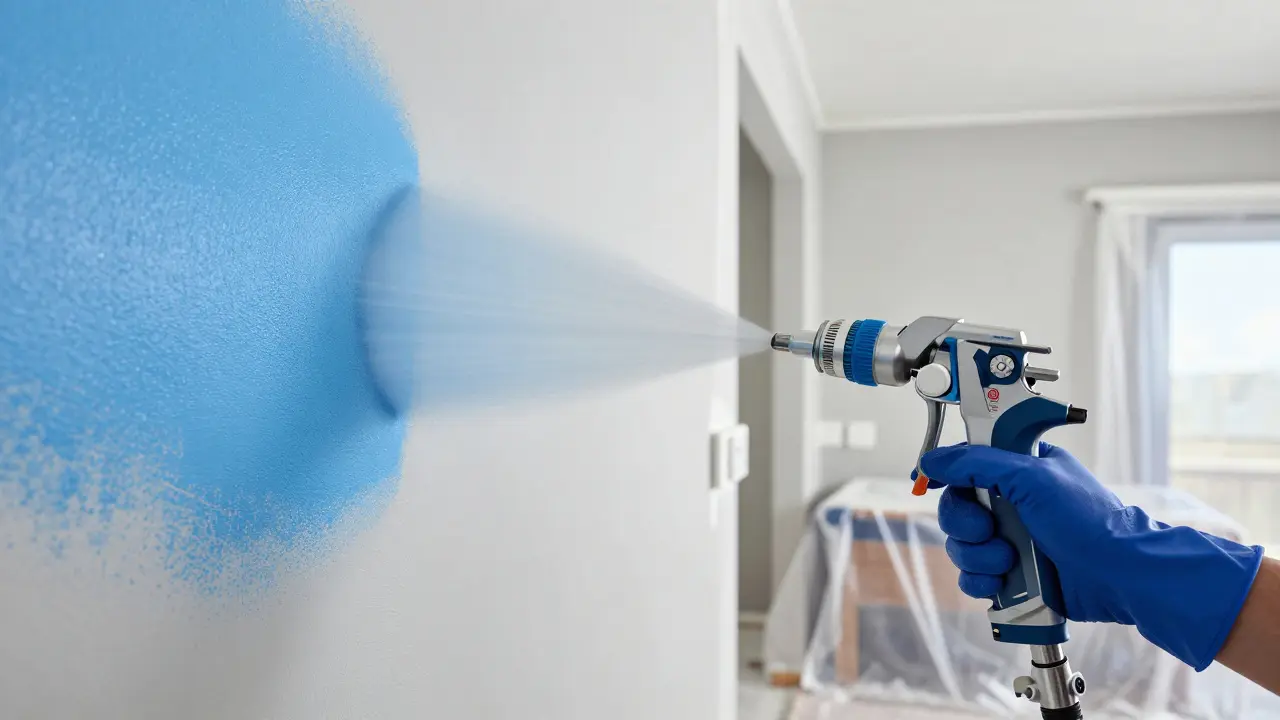 HVLP-Sprühgerät versprüht Farbbelag in vorbereitetem Raum mit Abdeckungen