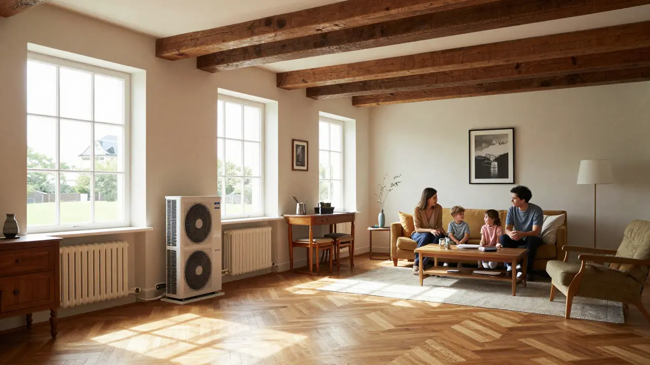 Modern renoviertes historisches Wohnzimmer mit junger Familie und Wärmepumpe
