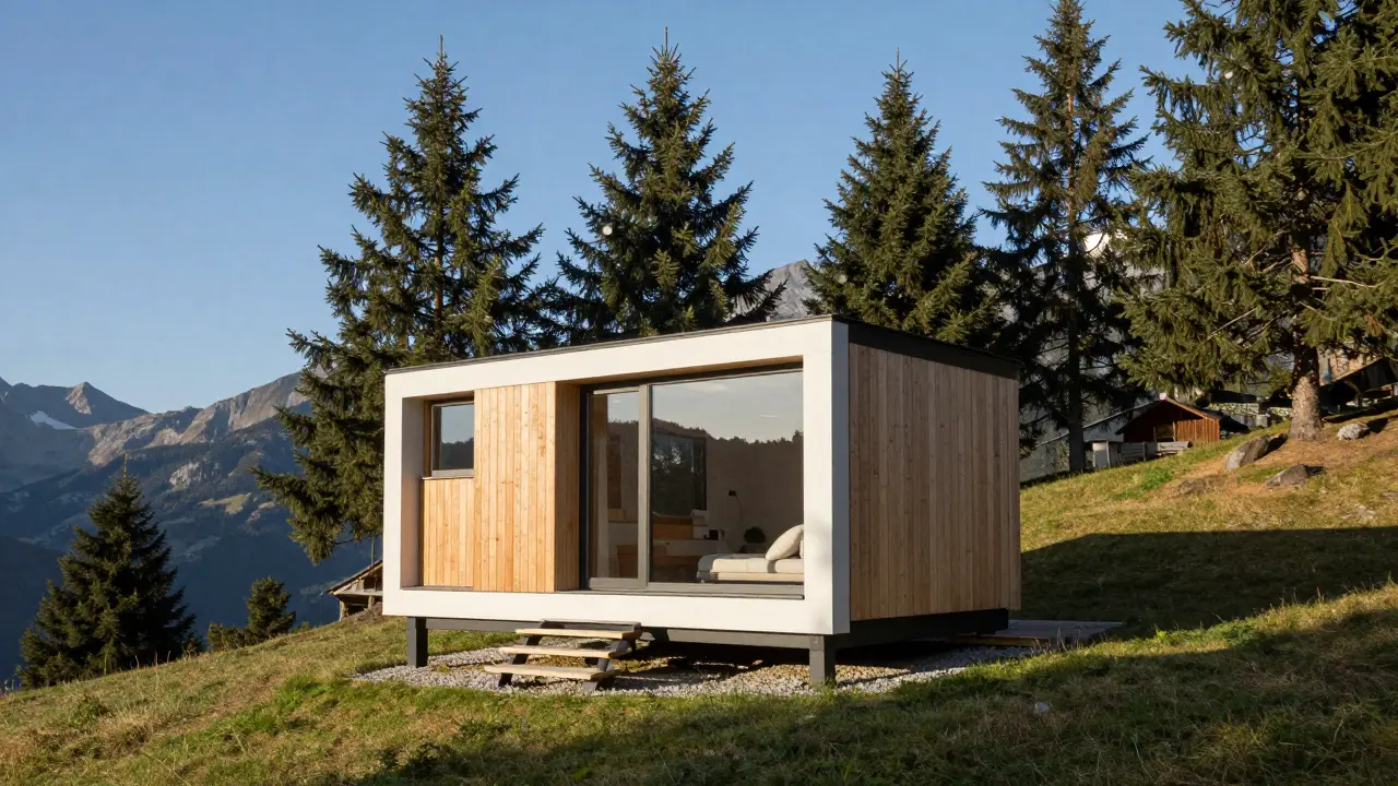 Modernes Tiny House in einer friedlichen alpinen Landschaft Österreichs