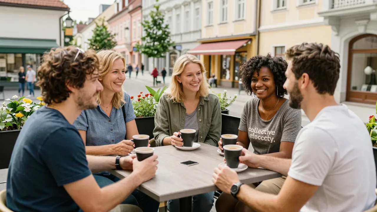 Nachbarn unterhalten sich freundlich auf einer sonnigen Terrasse