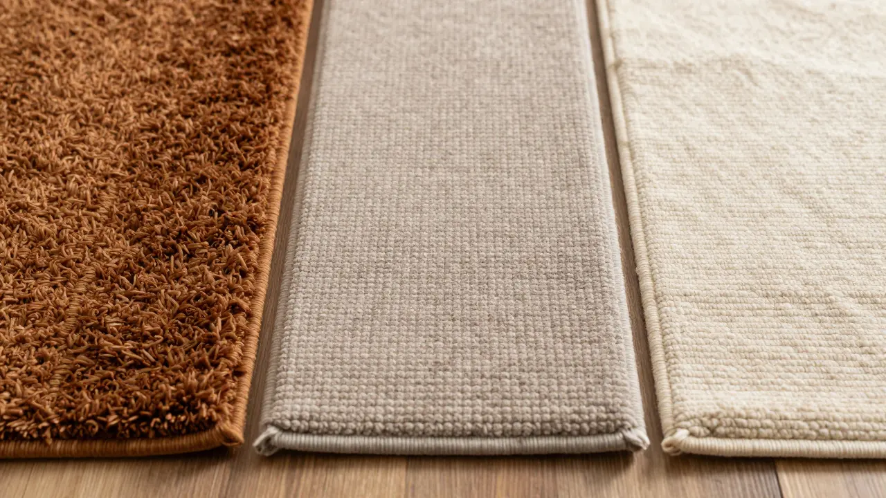Nahaufnahme verschiedener Teppichmaterialien wie Wolle und Nylon