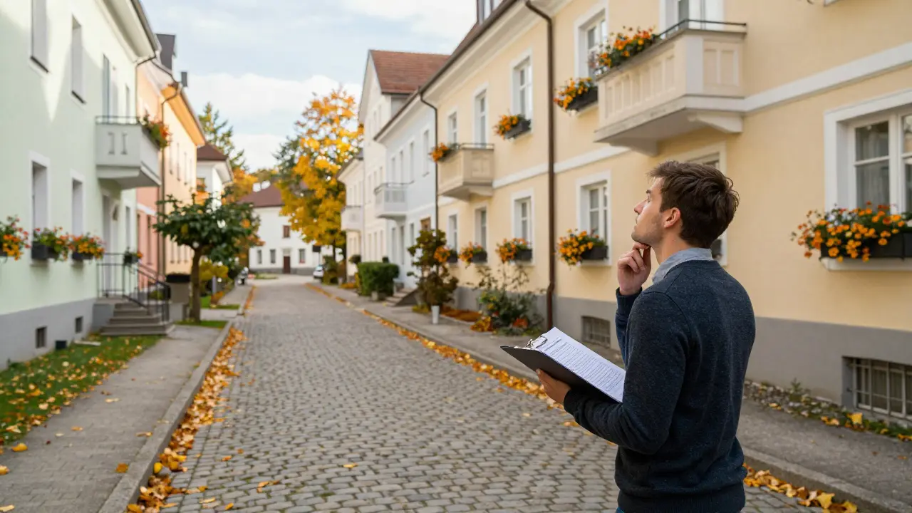 Person betrachtet ruhige Wohnstraße in Österreich im Herbst