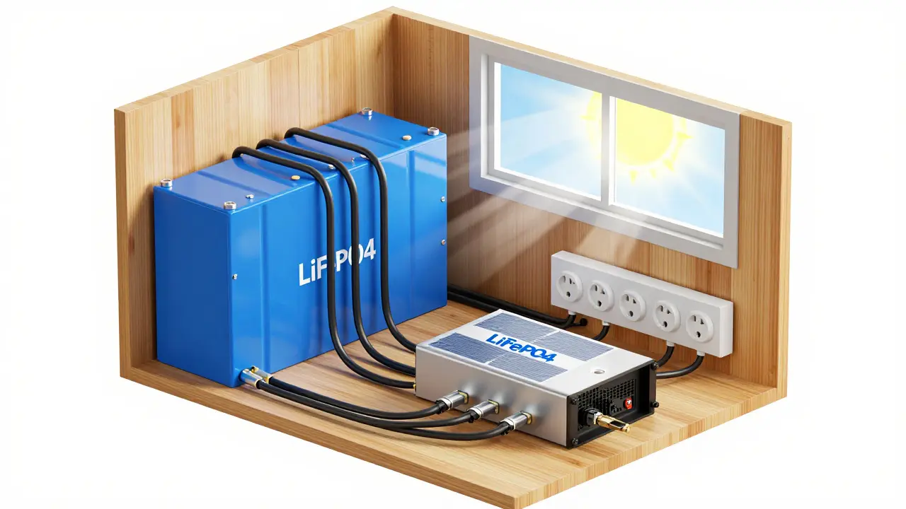 Schematische Darstellung eines Inselstromsystems mit Batterie und Wechselrichter