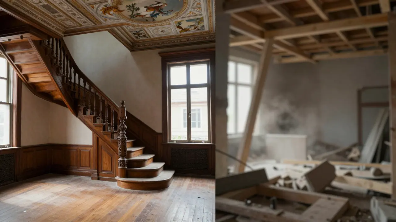 Wiederaufbau eines historischen Innenraums mit Treppenhaus