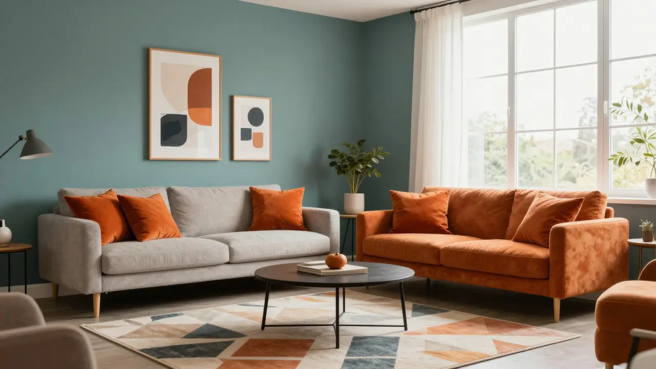 Wohnzimmer mit komplementären Farben: Teal-Wände und Orange-Akzente.