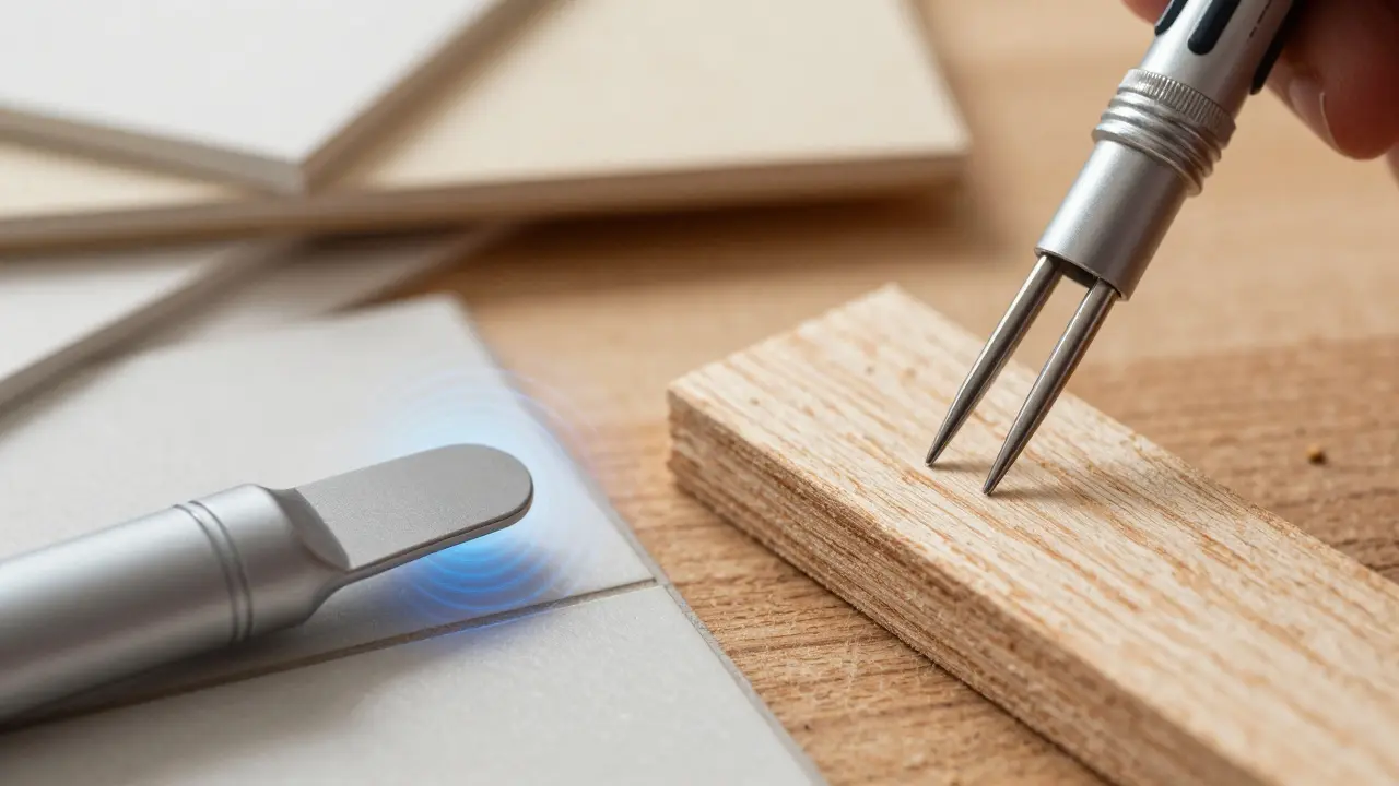 Capacitive and pin-type moisture meters displayed on a workbench with building materials.