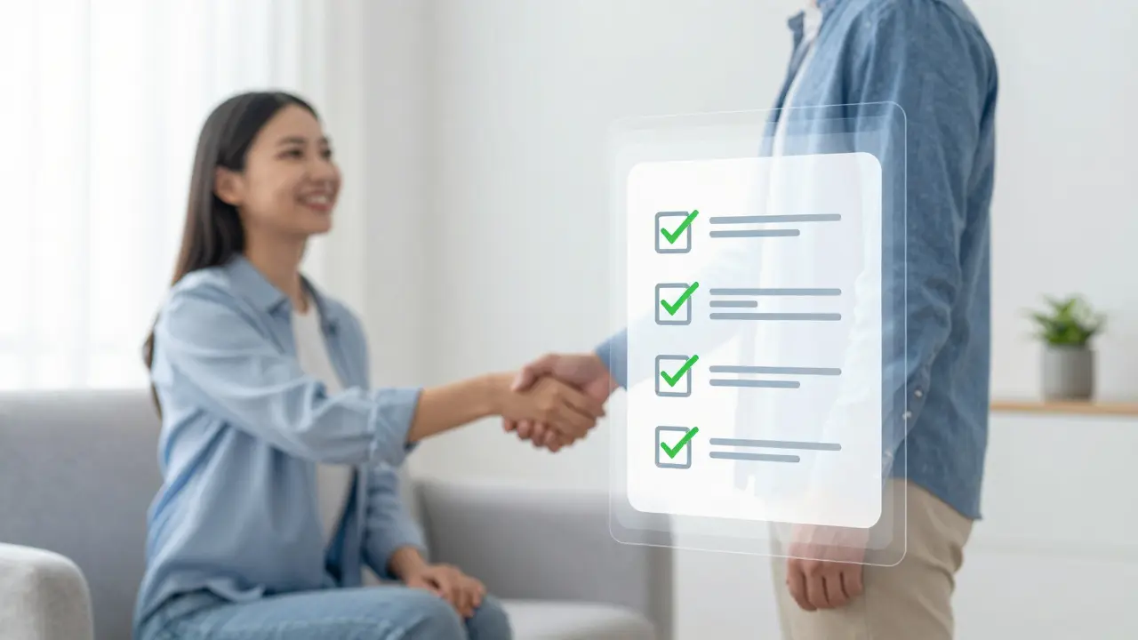 Digitale Abrechnung und Handschlag symbolisieren transparente Mietverhältnisse