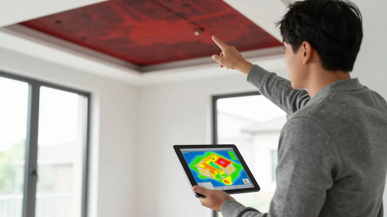 Energieberater zeigt Wärmeverluste im Haus mit digitaler Visualisierung