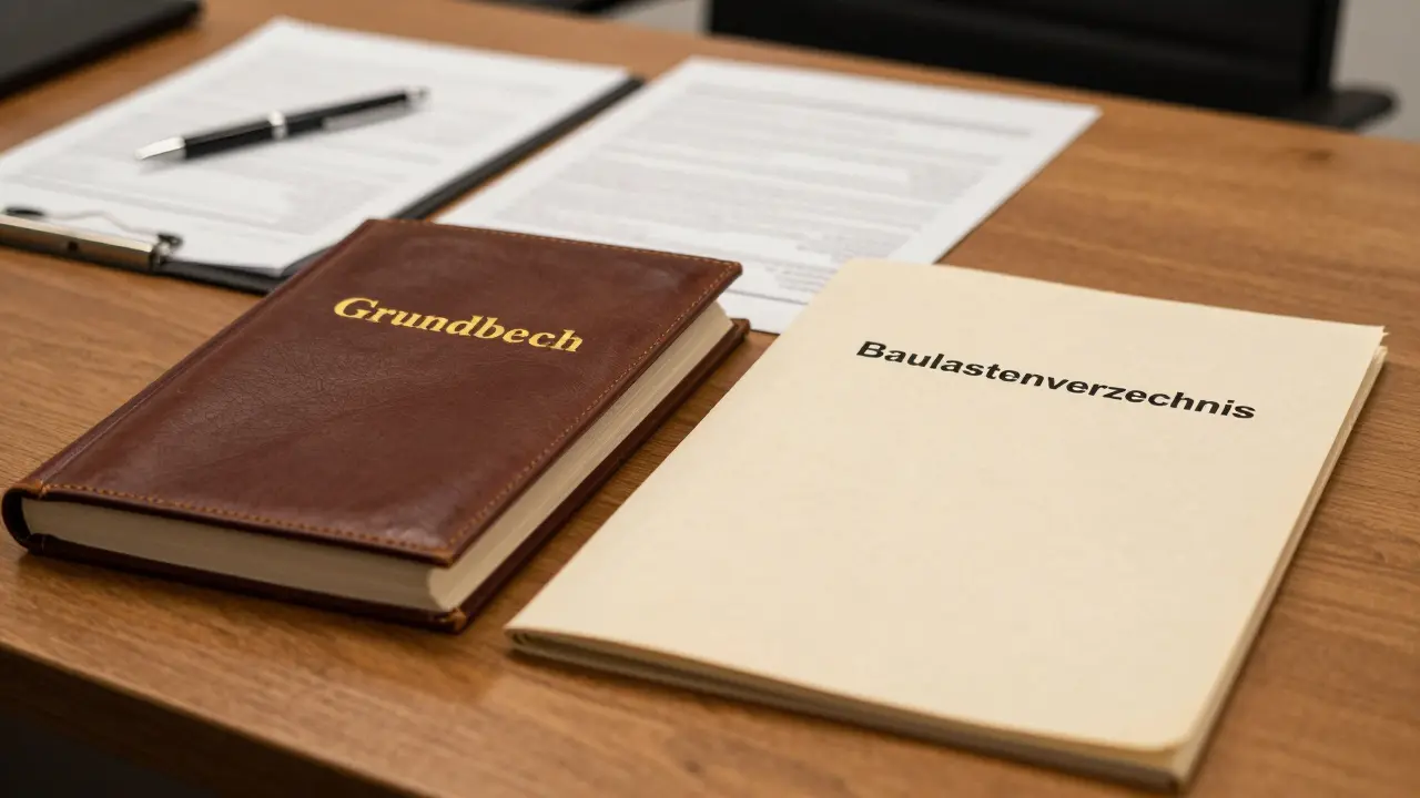 Grundbuch und Baulastenverzeichnis auf dem Tisch