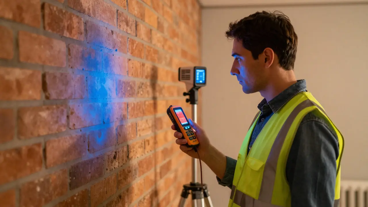Inspector using a moisture meter and thermal camera to detect dampness in a wall.