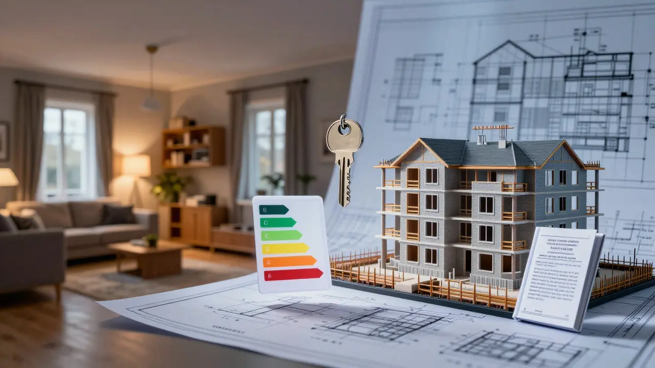 Kontrast zwischen Altbau-Wohnung und Neubau-Plänen mit Symbolen für wichtige Unterlagen.