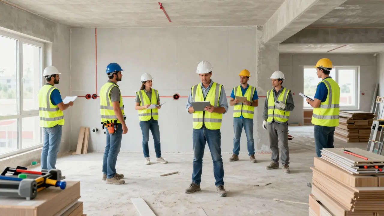 Koordinierte Handwerker arbeiten effizient unter Aufsicht eines Projektmanagers
