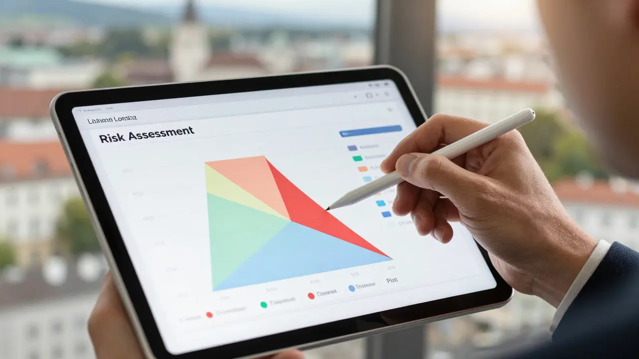 Manager zeigt auf rotes Risikozone im digitalen Dashboard