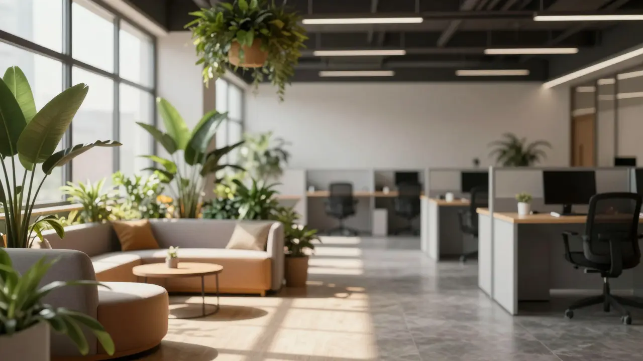 Modernes, belebtes Coworking-Space im Vordergrund vor leeren, dunklen Büros