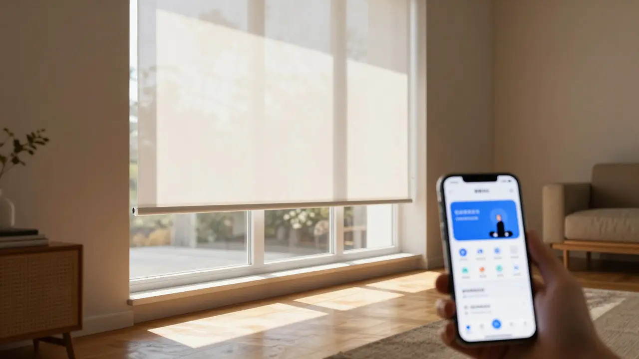 Modernes Fenster mit Smart-Home-Rollladen und App-Steuerung im hellen Wohnzimmer