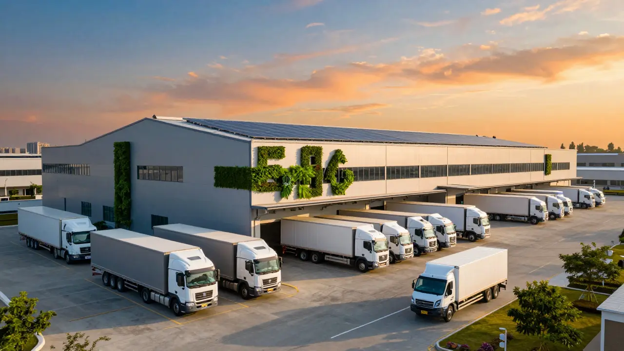 Modernes Logistikzentrum mit Solarmodulen und Elektrofahrzeugen