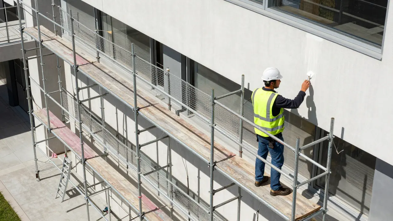Sicheres Gerüst mit Arbeitern an der Fassade