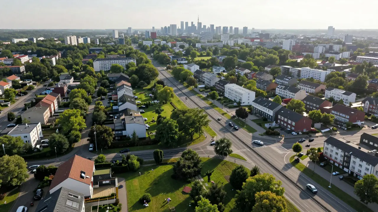 Suburbaner Speckgürtel mit Häusern nahe der Stadtinfrastruktur