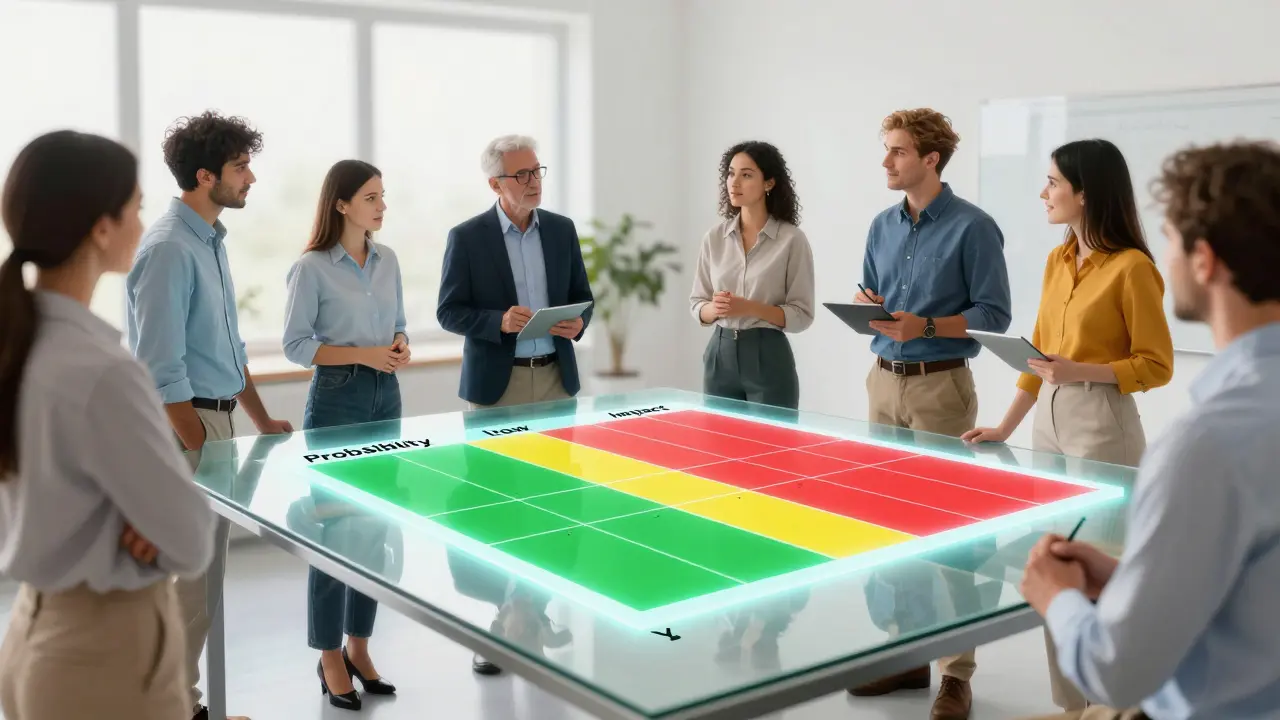 Team diskutiert Risikomatrix mit Ampelsystem am Konferenztisch