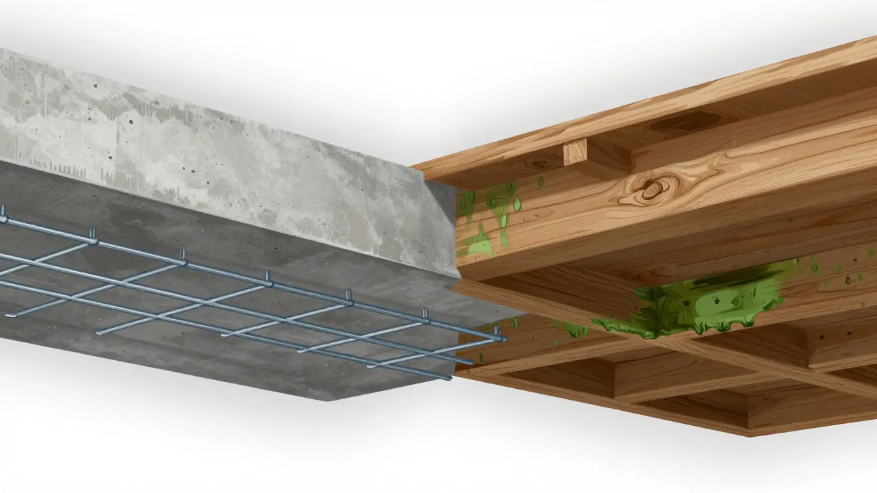 Vergleich von Stahlbeton- und Holzbalkendecke im Schnitt