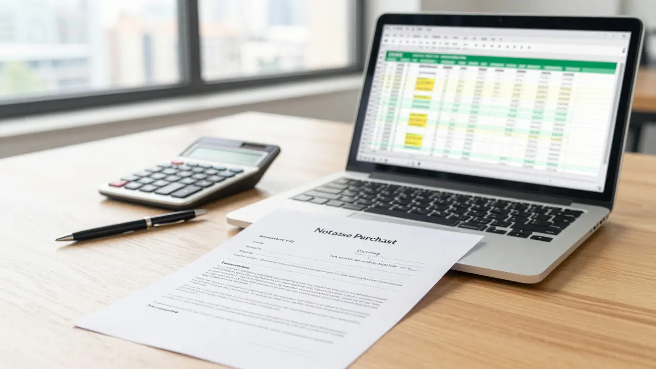 Vertrag und Excel-Tabelle zur Kaufpreisaufteilung auf dem Schreibtisch