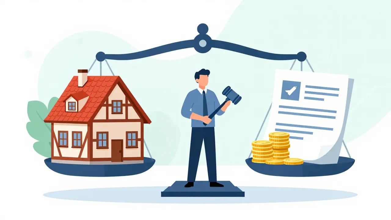 Waage mit Haus und Geld, Symbol für faire Bewertung