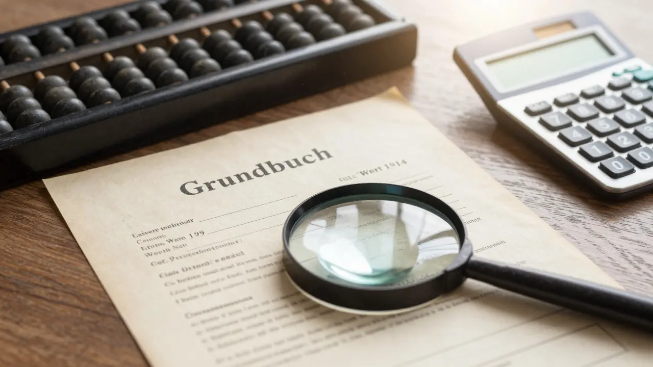 Altes Grundbuchdokument unter Lupe zur Ermittlung des Versicherungswerts