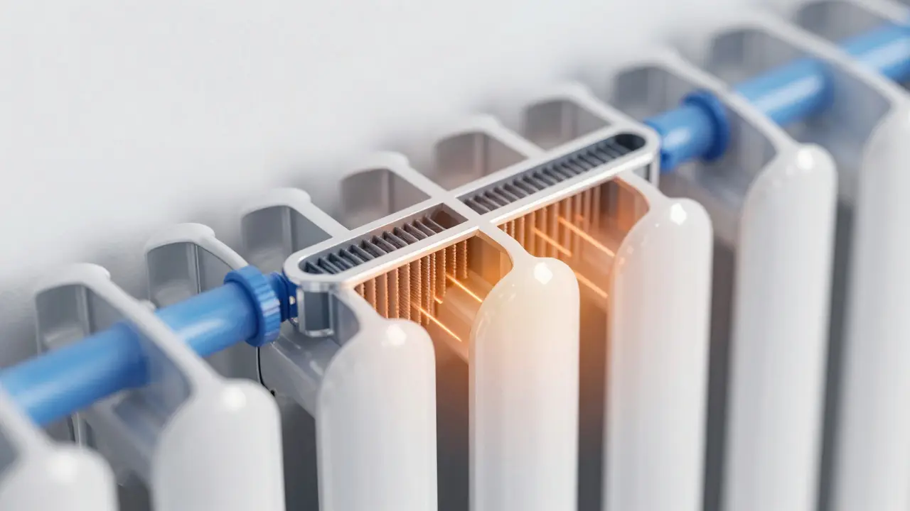 Detailaufnahme eines modernen Aluminium-Niedertemperaturheizkörpers