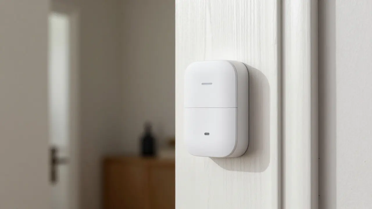 Drahtlose Smart-Home-Sensoren und elektronisches Schloss an einer Tür