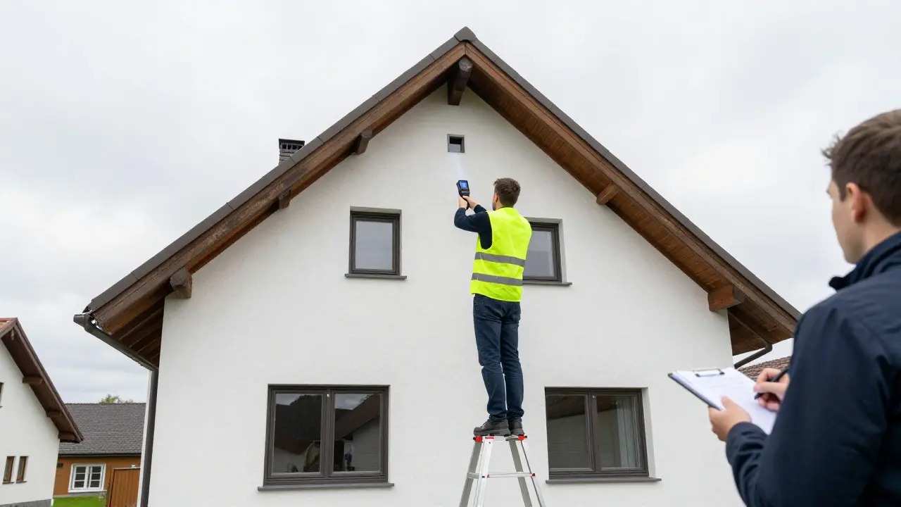 Ein Bausachverständiger prüft die Fassade eines Einfamilienhauses mit einer Wärmebildkamera.