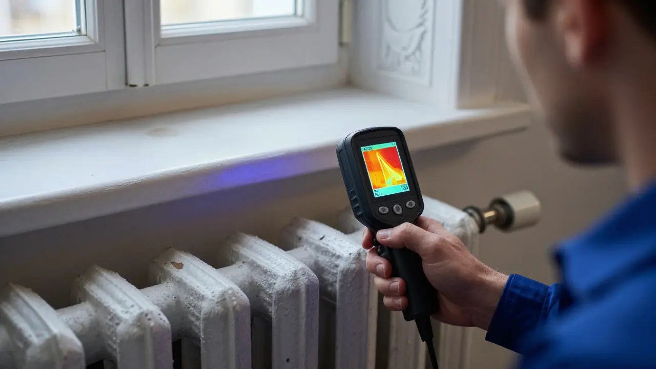 Energiieberater prüft mit Wärmebildkamera die Dämmung eines alten Heizkörpers