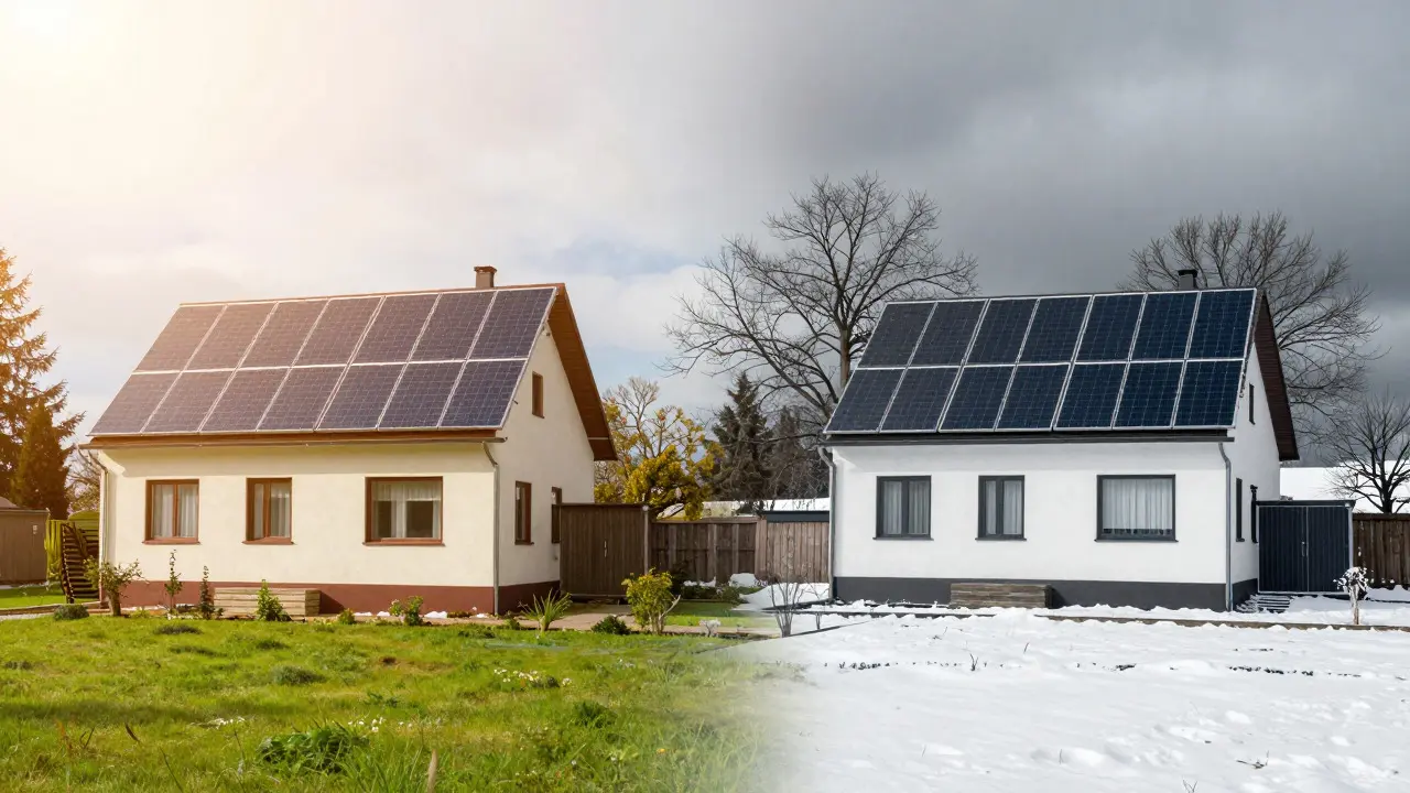 Haus im Sommer und Winter: Kontrast der saisonalen Solarstromerzeugung