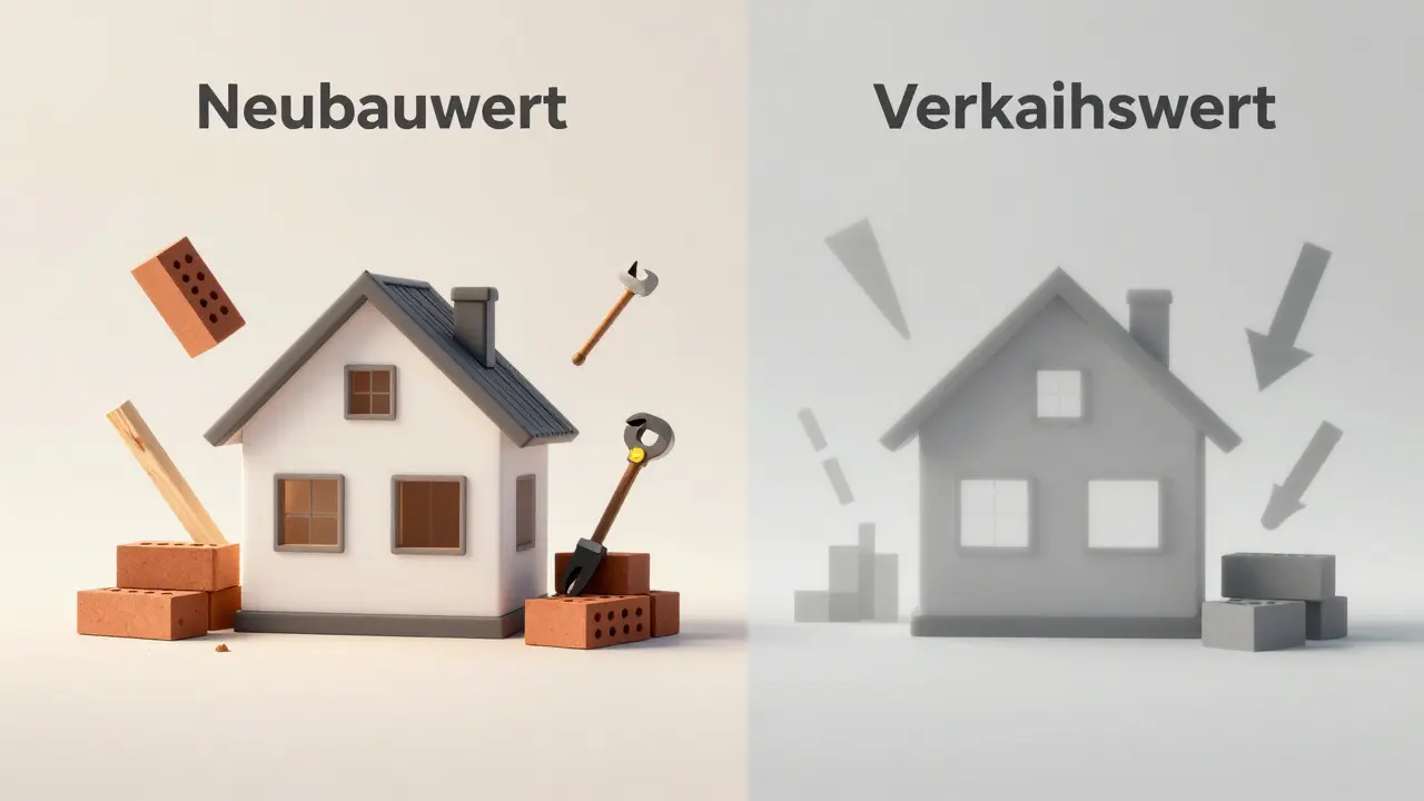 Konzeptioneller Vergleich von Neubaukosten und Marktwert eines Hauses
