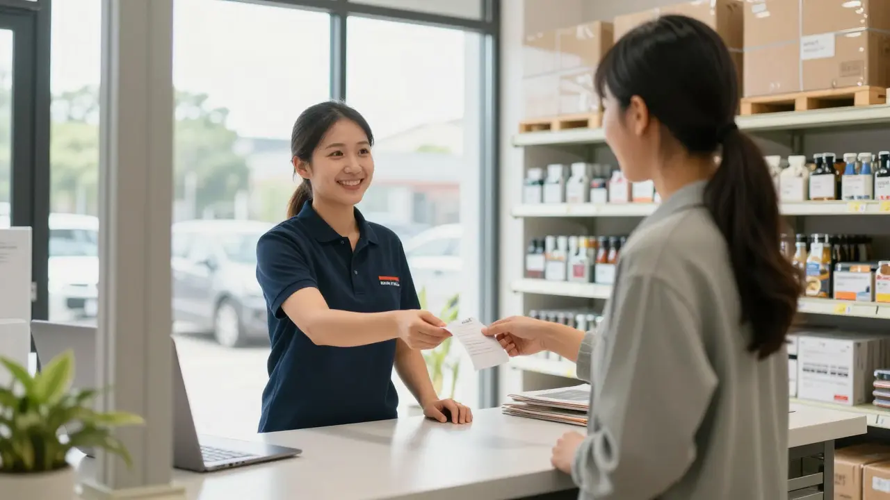 Kunde holt Ware am Click-and-Collect-Schalter ab