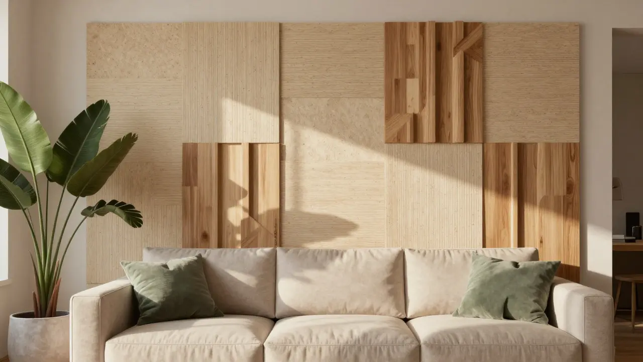 Moderne Wohnwand mit ästhetischen Holz-Akustikpaneelen