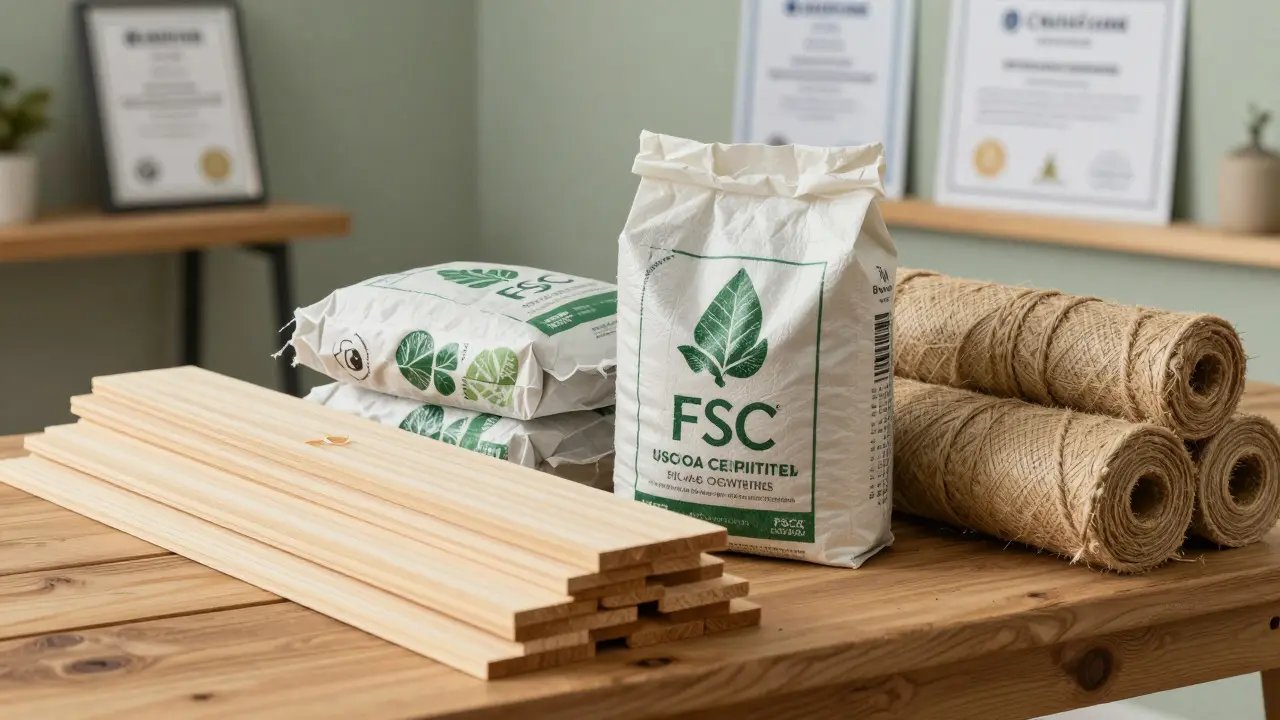 Nachhaltige Baustoffe wie Holz und Bio-Zement auf Werkbank