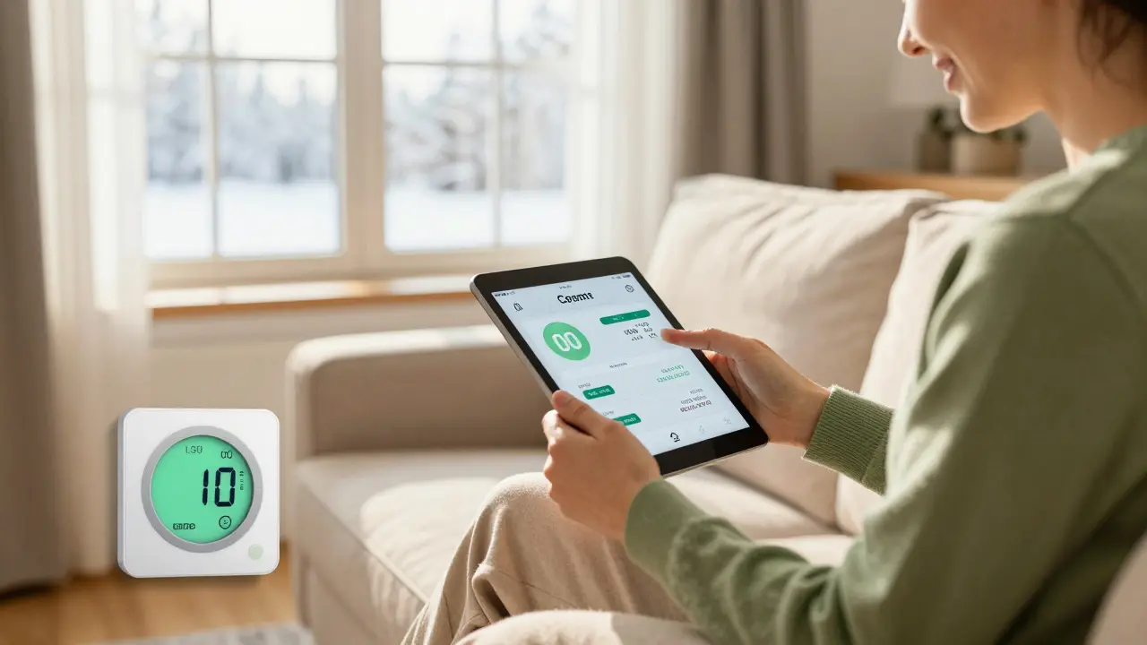 Person prüft Energiekosten auf Tablet in einem gut gedämmten Wohnzimmer