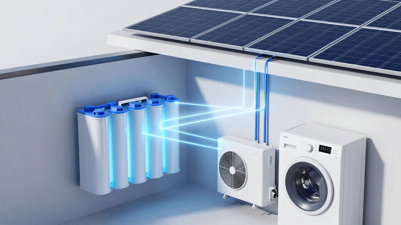 Schematische Darstellung eines Batteriespeichers und Solarstromflusses im Haus