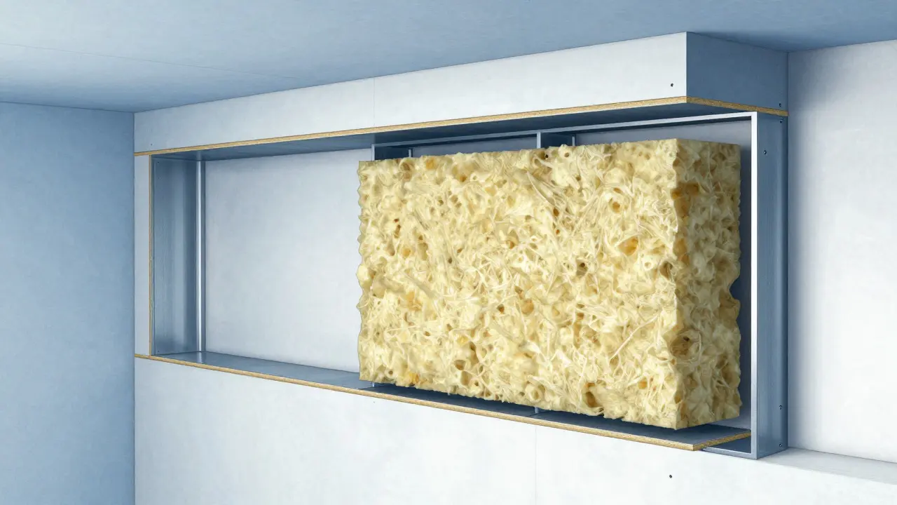 Schnittzeichnung einer schalldämmenden Wand mit Mineralwolle-Isolierung