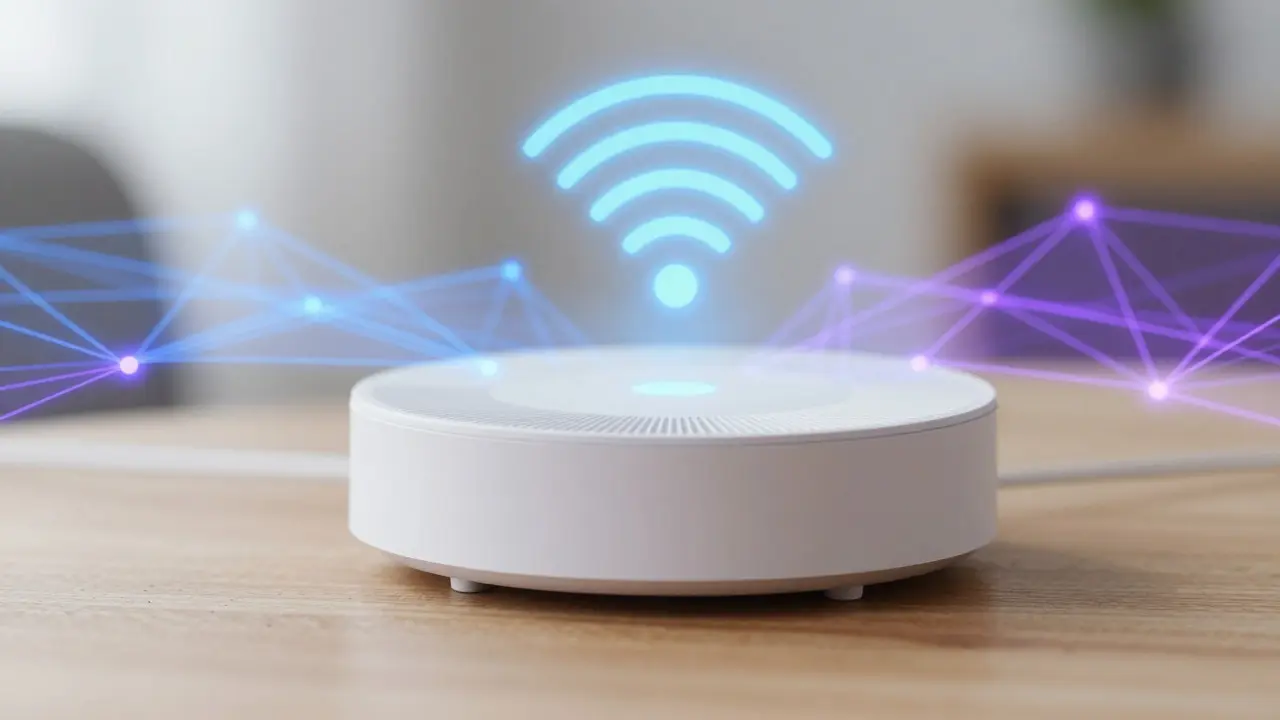 Smart-Home-Hub mit abstrakter Darstellung eines stabilen Mesh-Netzwerks