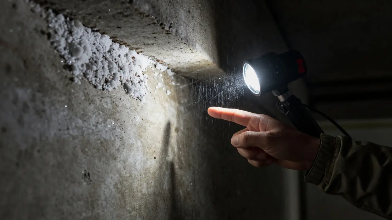 Taschenlampe beleuchtet Salzausblühungen an einer feuchten Kellerwand